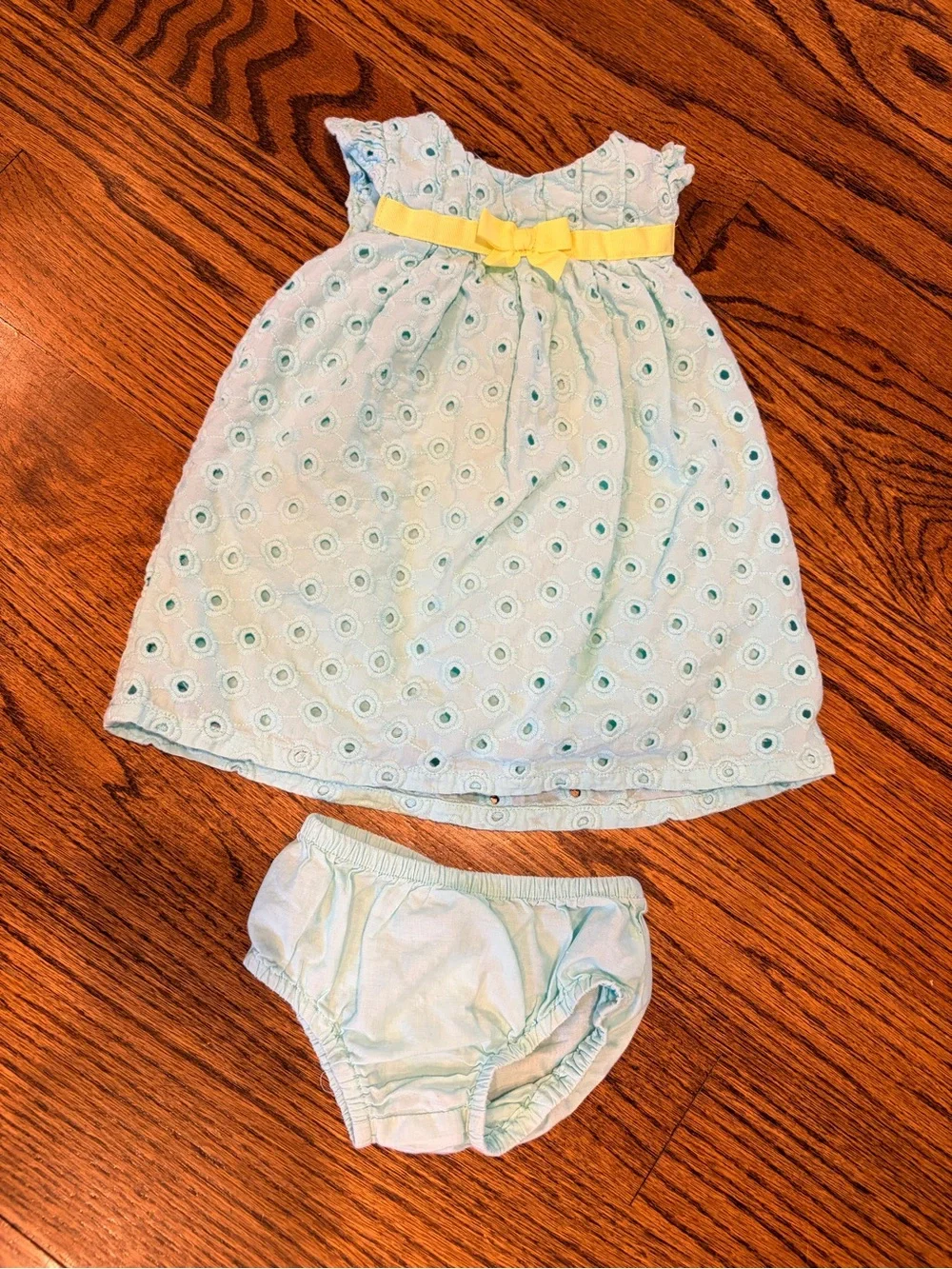 Gymboree Light Blue Eyelet Dress and Diaper Cover with Yellow Bow